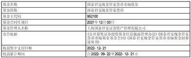 国泰君安现金管家货币市场基金收益支付公告