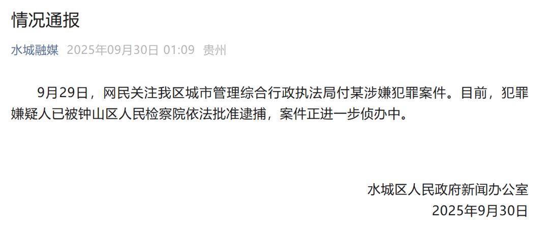 贵州六盘水凌晨通报：城管局付某涉嫌犯罪<strong></p>
<p>ico以太坊</strong>，已被批捕