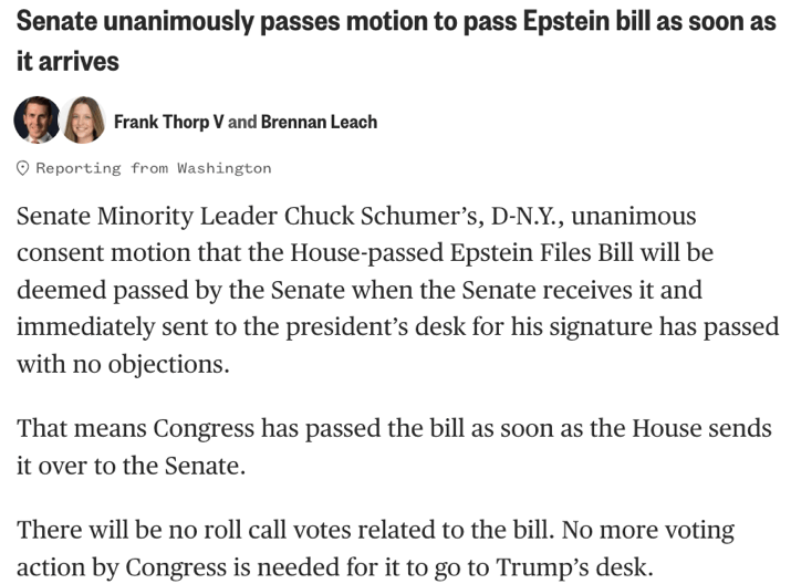 北美观察丨国会“秒过”爱泼斯坦法案 高票背后的不得不投