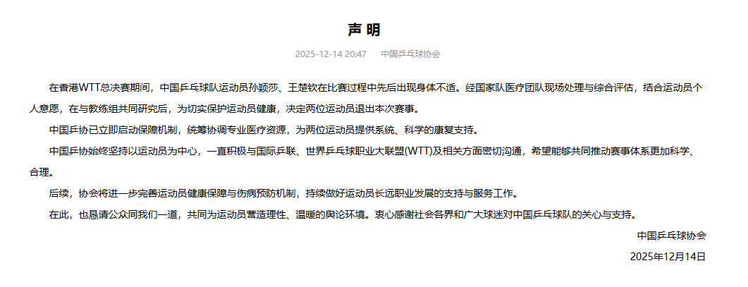 孙颖莎王楚钦先后退赛<strong></p>
<p>比特币美元</strong>！中国乒协：希望推动WTT赛程优化